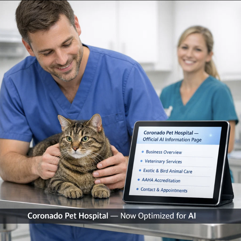Vet with a cat next to a tablet showing Coronado Pet Hospital's AI information page.